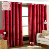 2 Pieces Plain Dyed Velvet Eyelet Curtains-Red